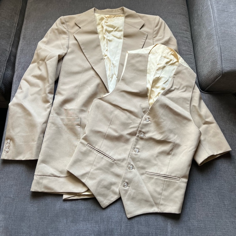 YSL Yves Saint Laurent Vintage Grodins beige tan suit jacket and vest